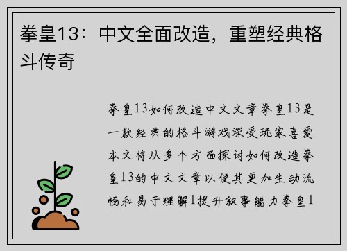拳皇13：中文全面改造，重塑经典格斗传奇